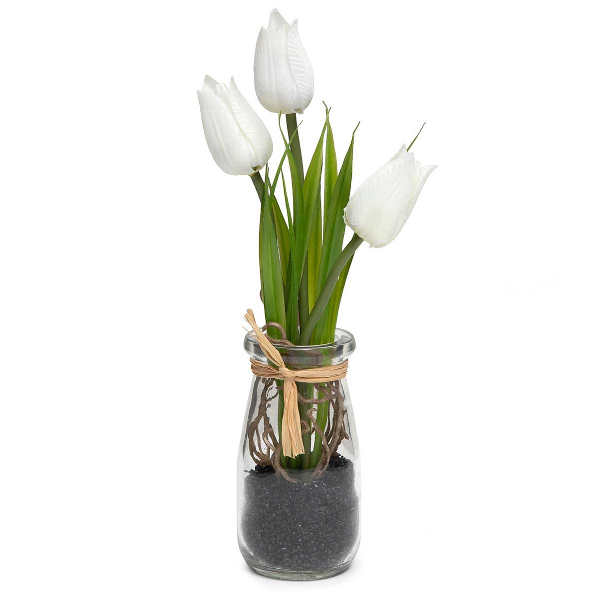Tulip in Glass Bottle with Raffia 3"x8.5" White